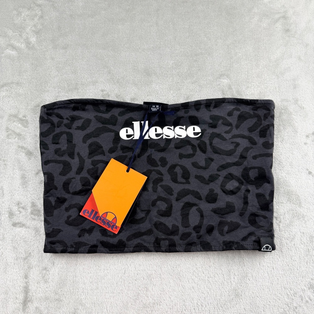 Ellesse Lordanna Bandeau Top Womens M Black Charcoal Leopard Print Logo SAS16524